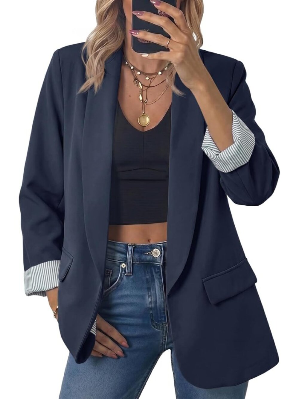 Women's Navy Oversized Open Front Shawl Collar Striped Cuff Classic Suit Jacket